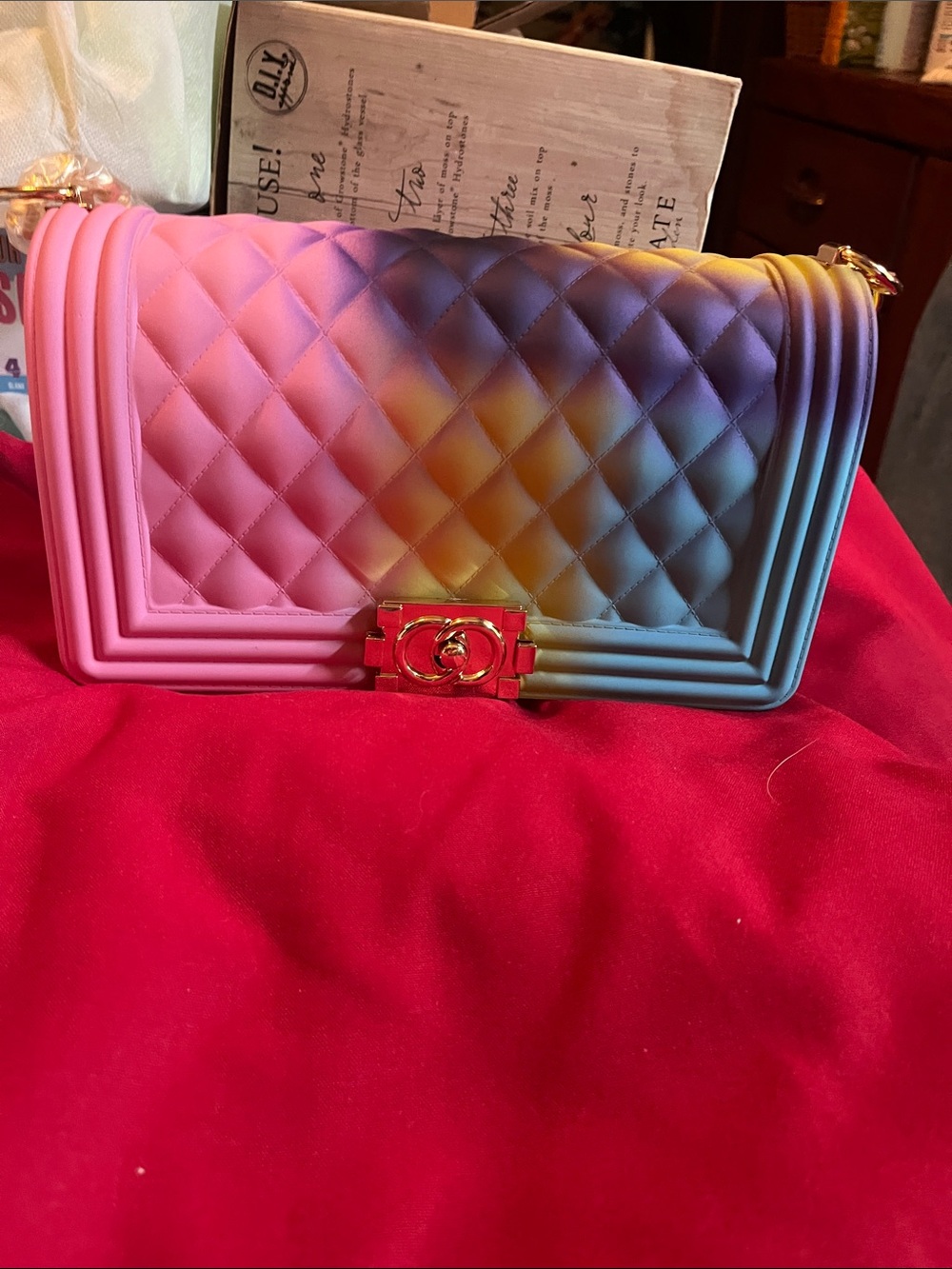 Quilted Gradient Pink to Blue Crossbody Bag with Gold Hardware